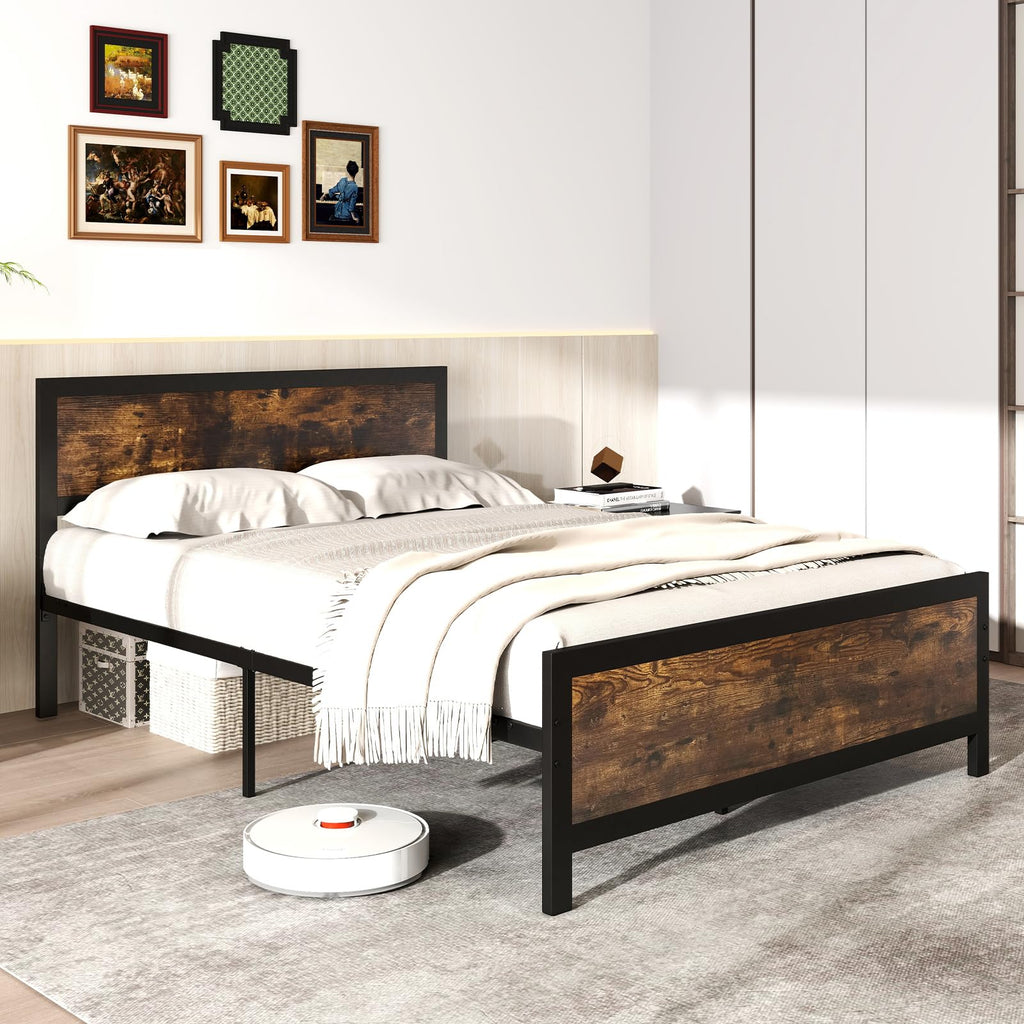 Metal Full Size Platform Bed Frame with Wood Headboard and Footboard Y633