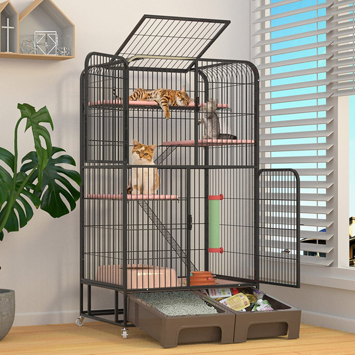 Black Four Layer Metal Cat Cage Dog Crate J5354