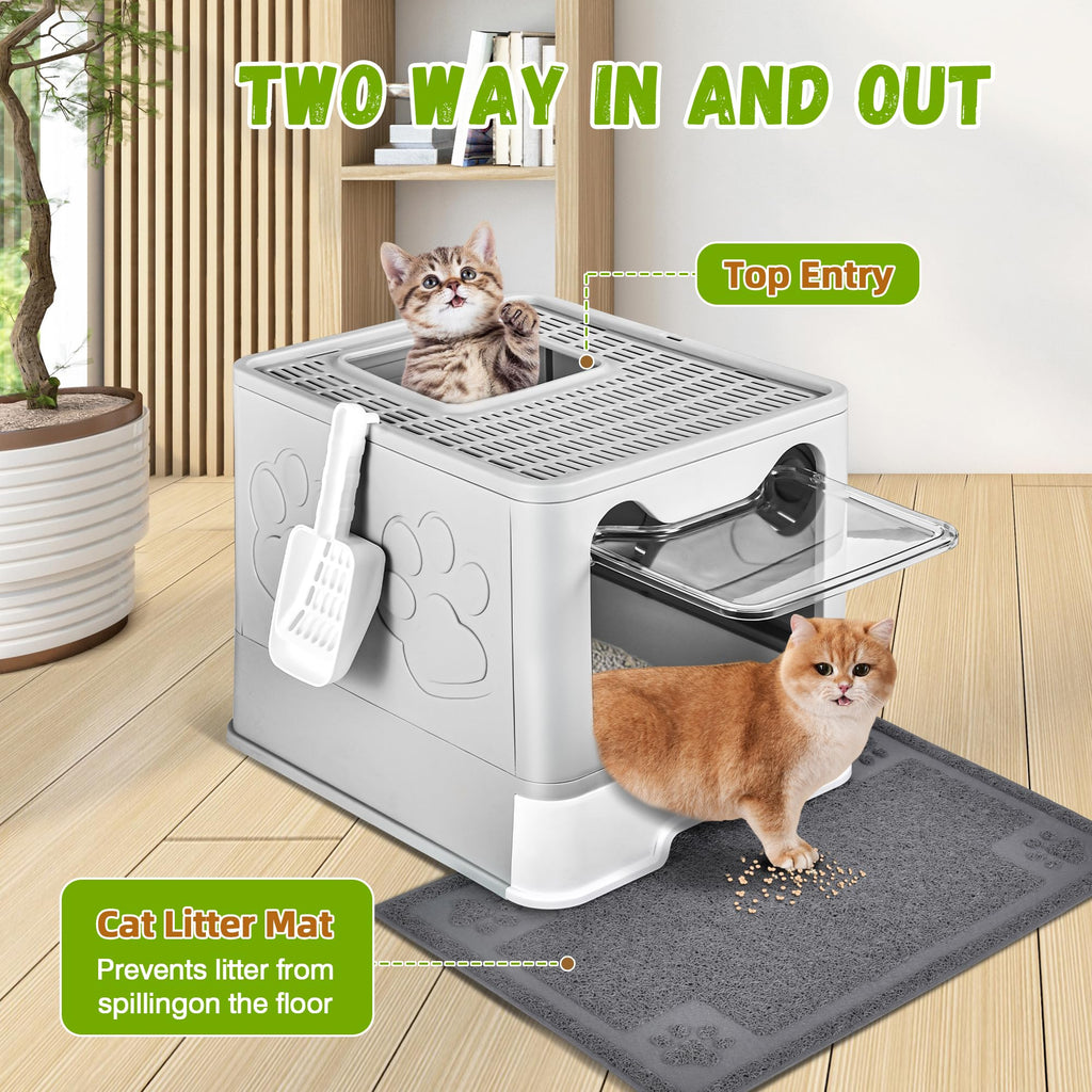 Covered Cat Litter Box, Extra Large Drawer Design with Dual Entry,Pale Grey F247