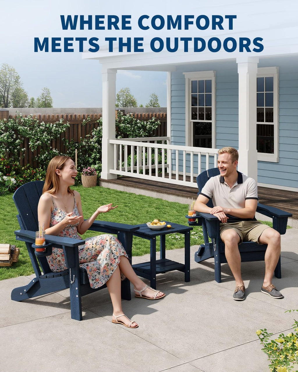Navy Blue HDPE Folding Adirondack Chair Set of 6 with Cup Holder S86284
