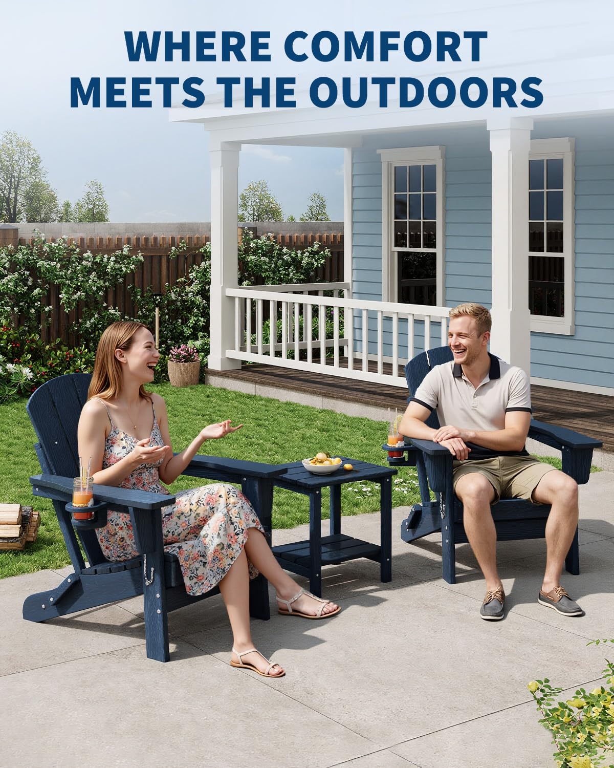 Navy Blue HDPE Folding Adirondack Chair Set of 6 with Cup Holder S86284
