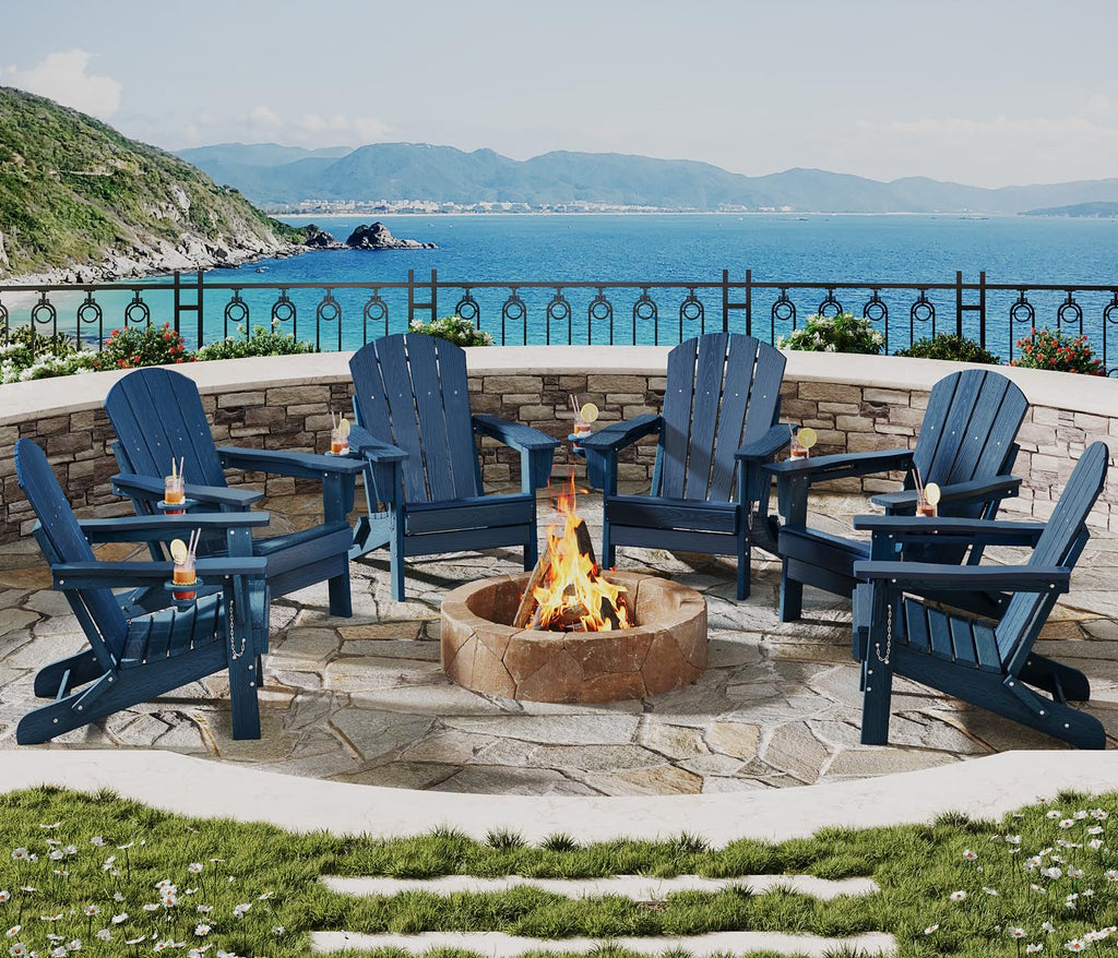 Navy Blue HDPE Folding Adirondack Chair Set of 6 with Cup Holder S86284
