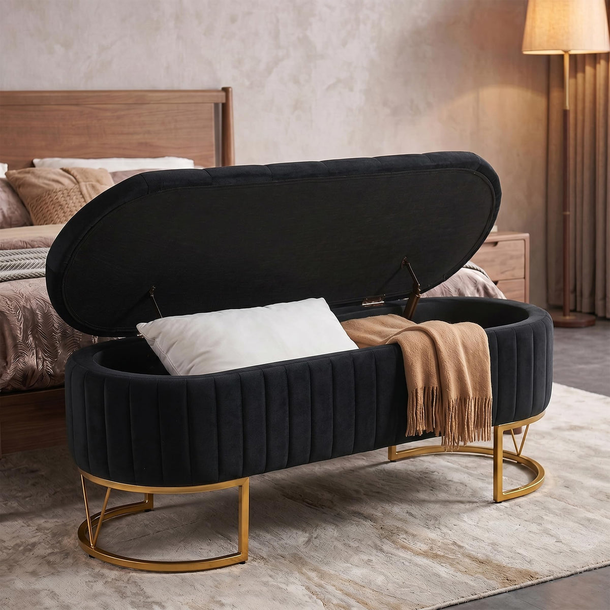 Black Velvet Upholstered Storage Bench J6611