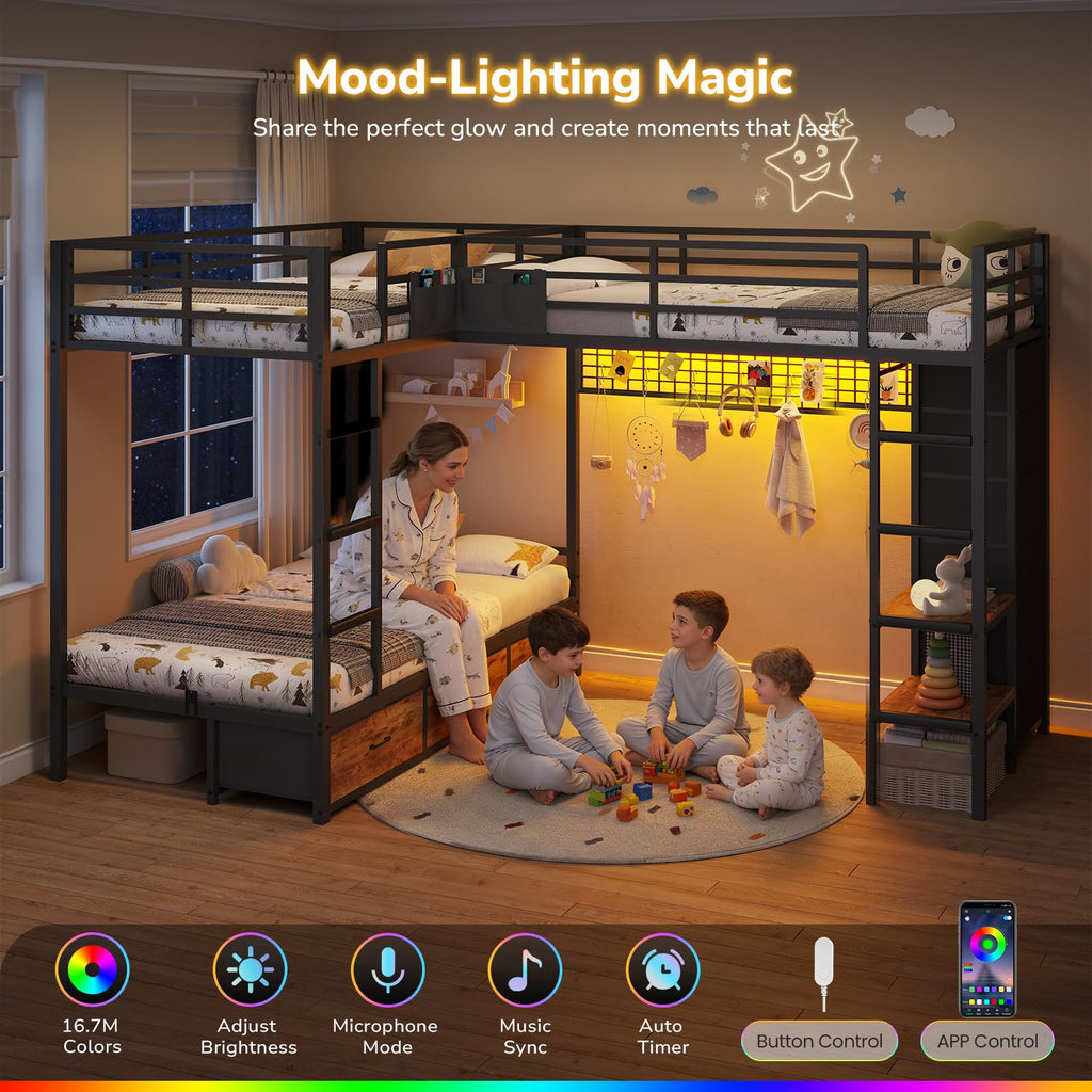 Black Twin Over Twin Triple Bunk Bed with 9 Storage Drawers and LED Lights B669