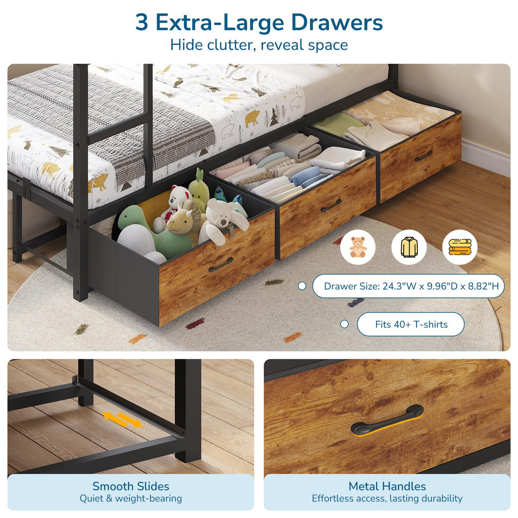 Black Twin Over Twin Triple Bunk Bed with 9 Storage Drawers and LED Lights B669