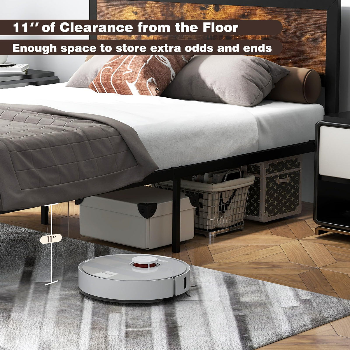 Metal Full Size Platform Bed Frame with Wood Headboard and Footboard Y633