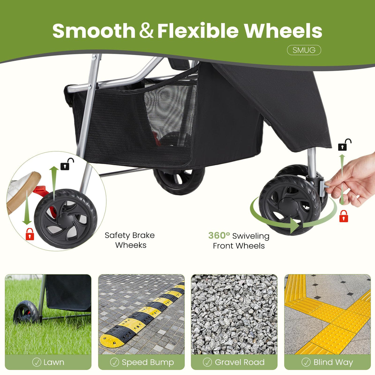 3 Wheels Pet Stroller with Storage Basket and Cup Holder, Black Q9616