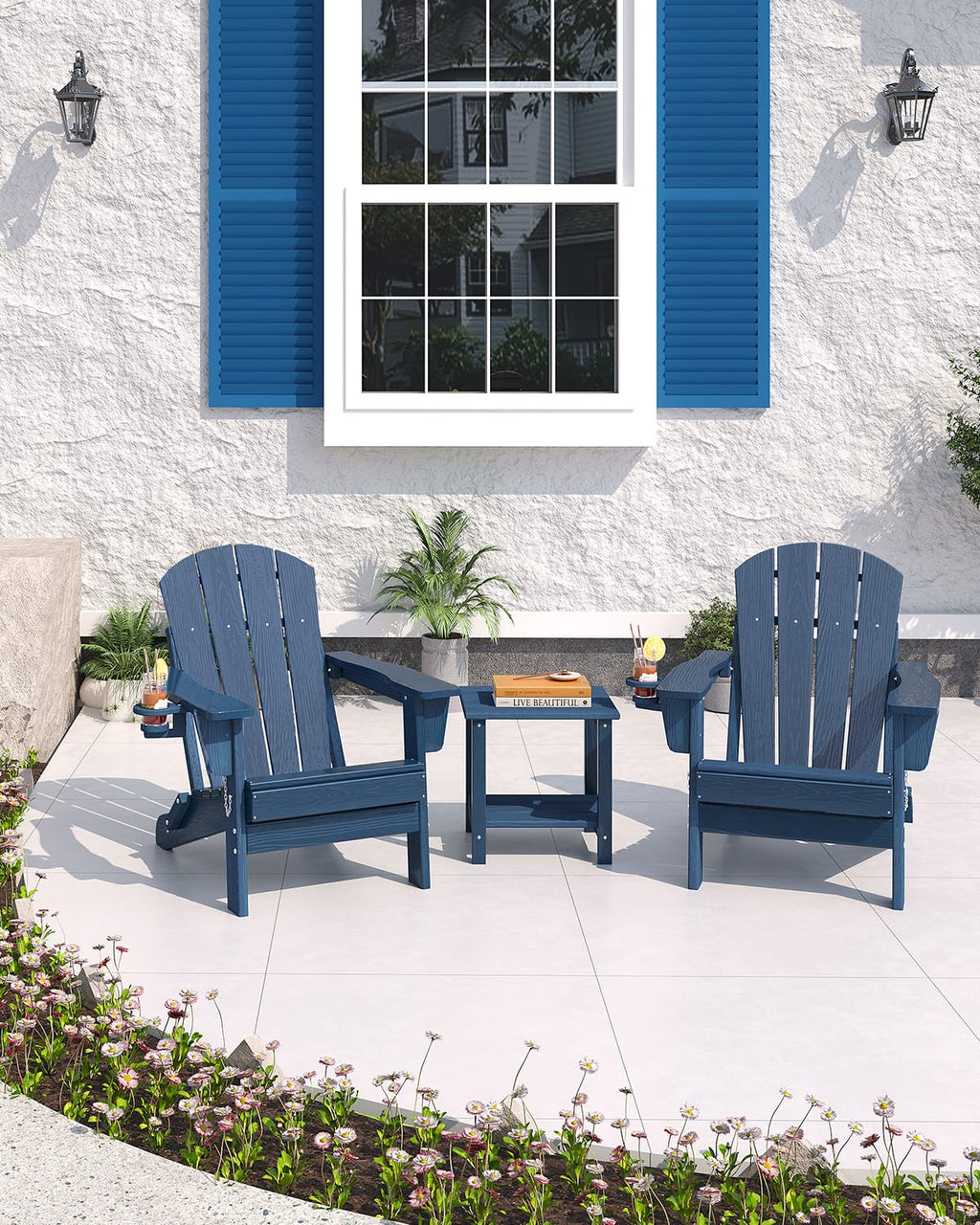 Navy Blue HDPE Folding Adirondack Chair Set of 6 with Cup Holder S86284