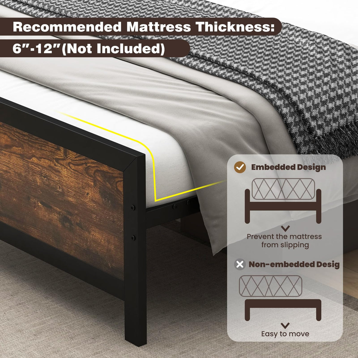 Metal Full Size Platform Bed Frame with Wood Headboard and Footboard Y633