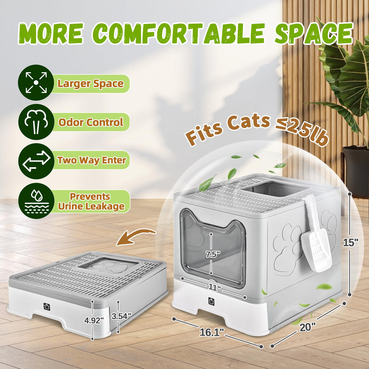 Covered Cat Litter Box, Extra Large Drawer Design with Dual Entry,Pale Grey F247