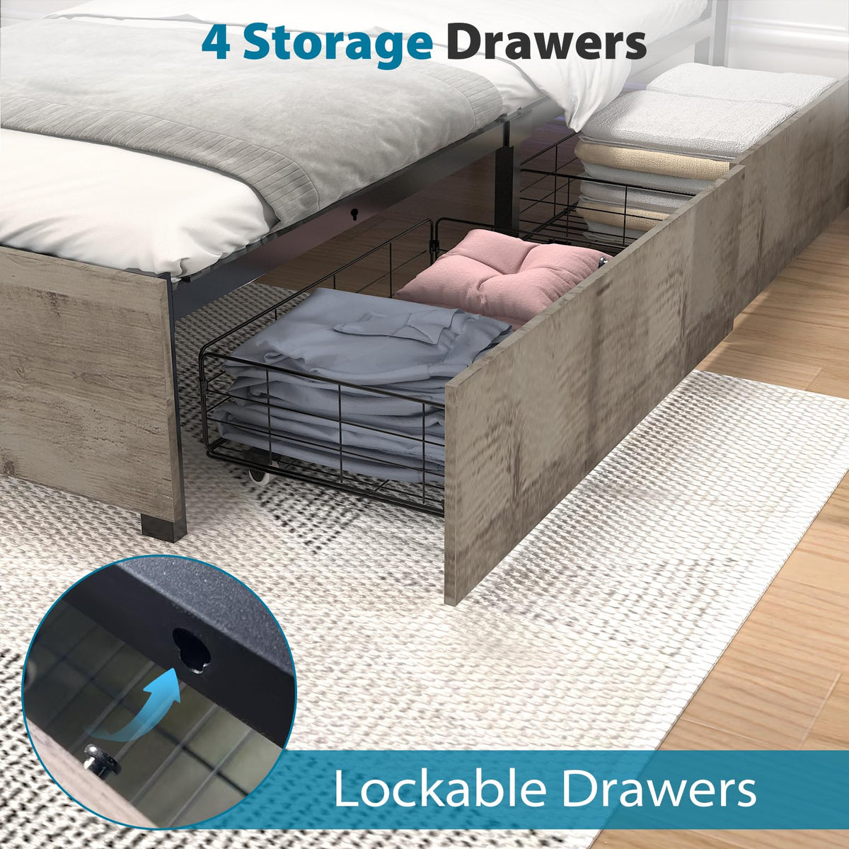 Twin Size Bed Frame with 4 Storage Drawers H5977