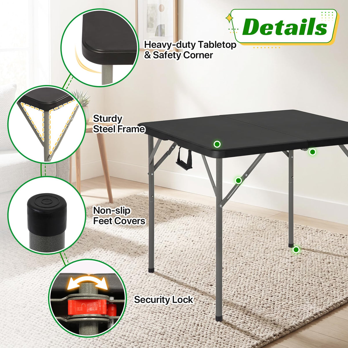 34" Square Folding Table, Black D753