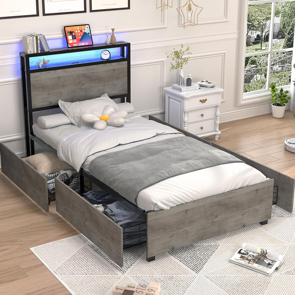 Twin Size Bed Frame with 4 Storage Drawers H5977