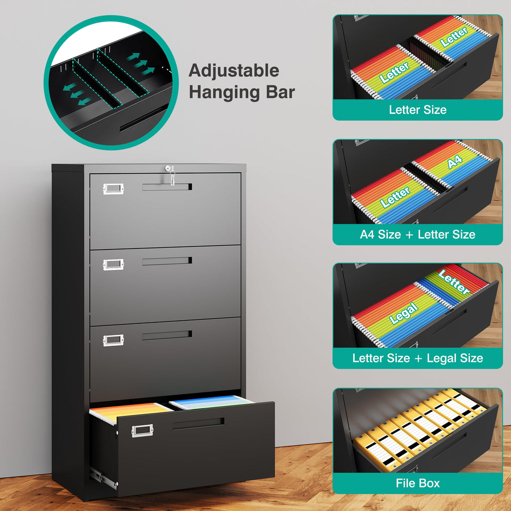 Black 4 Drawer Metal Lateral File Cabinet with Lock E8082