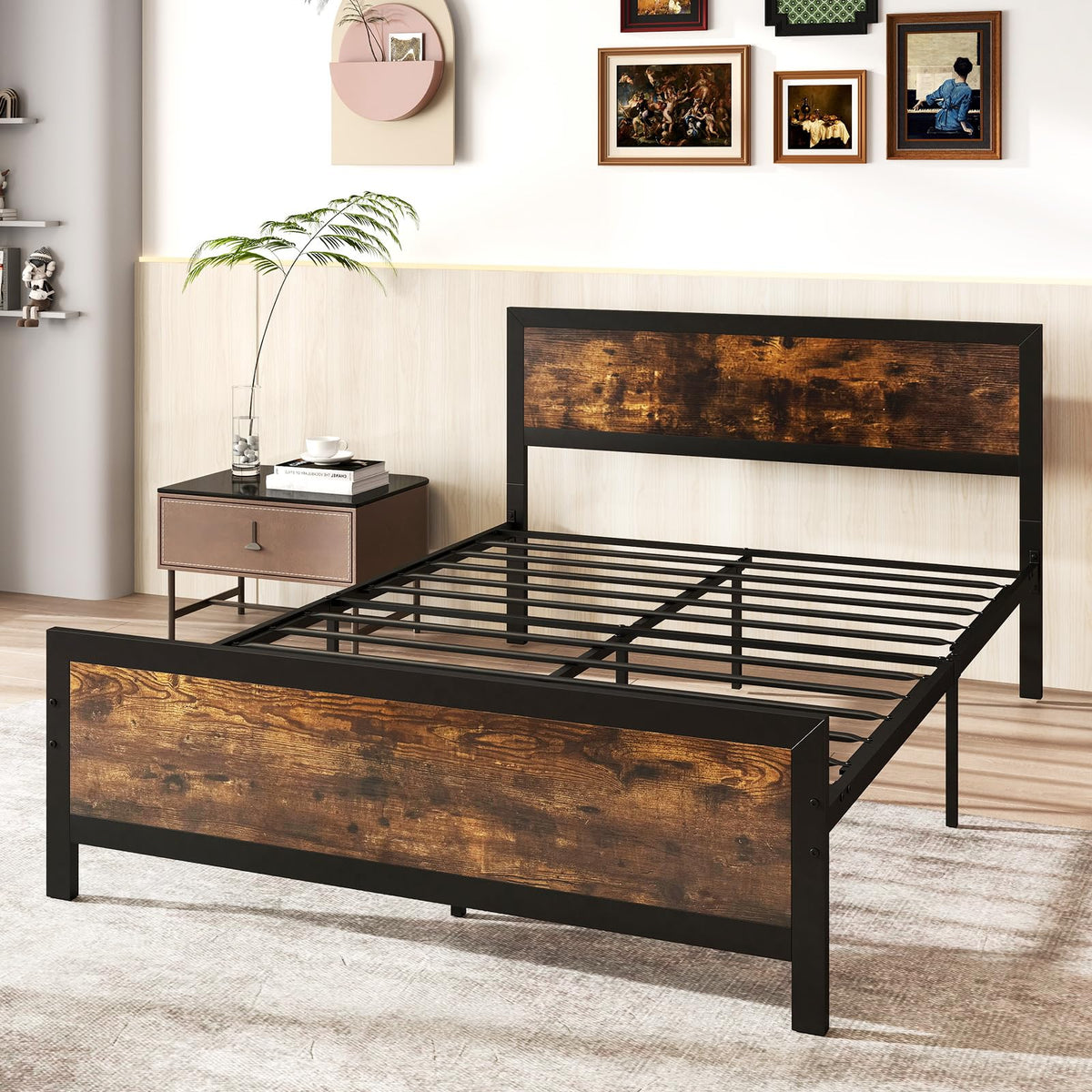 Metal Full Size Platform Bed Frame with Wood Headboard and Footboard Y633
