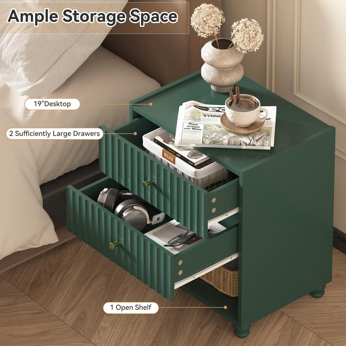 Green 2 Drawer Nightstand with Open Shelf D66463