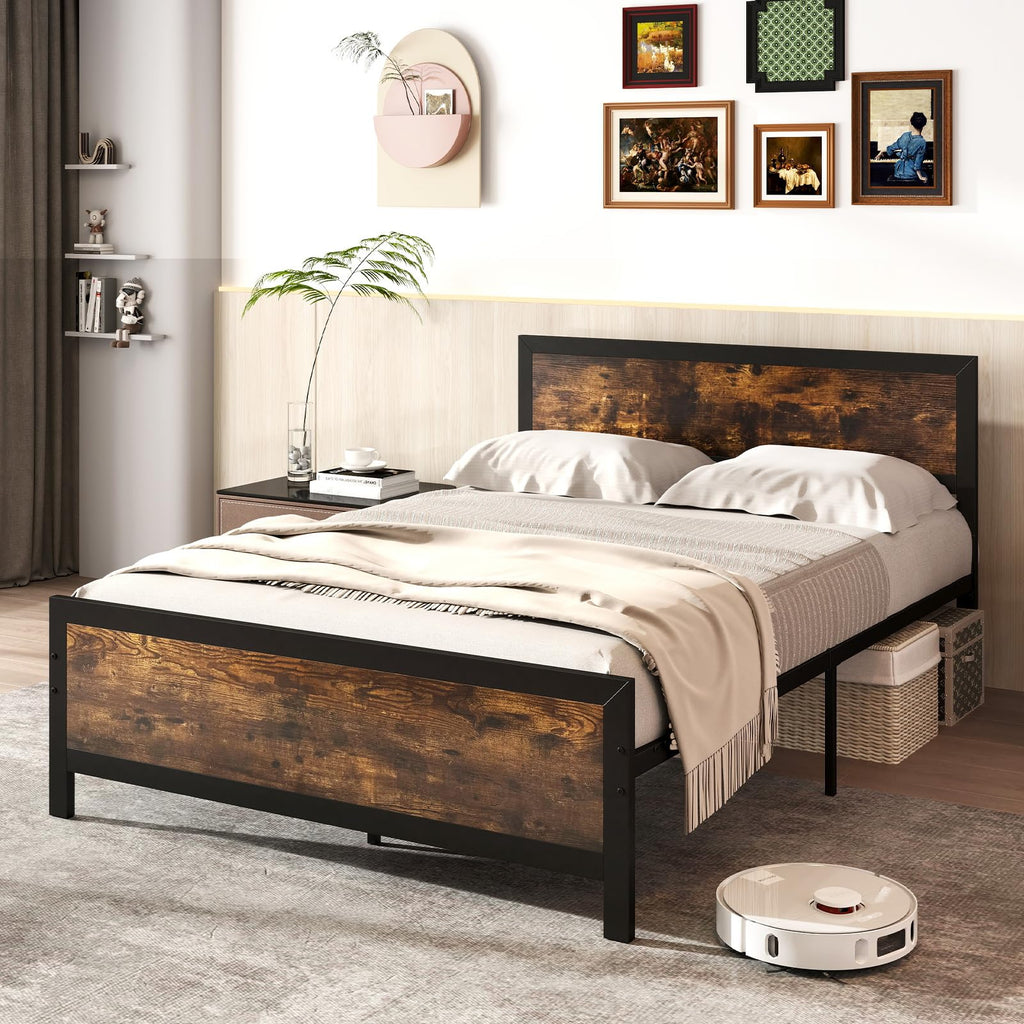 Metal Full Size Platform Bed Frame with Wood Headboard and Footboard Y633