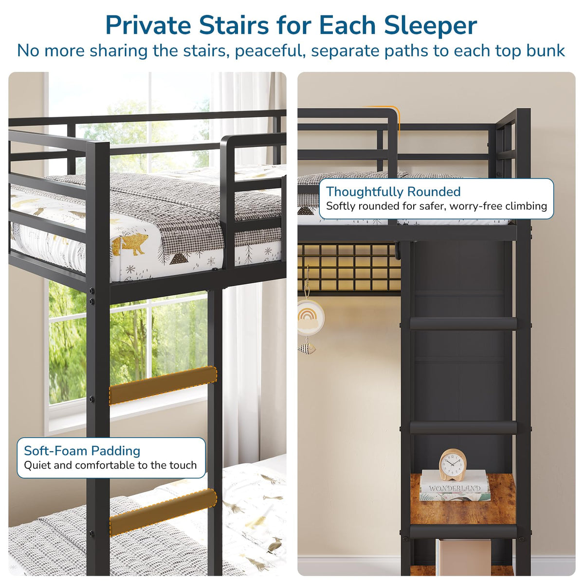Black Twin Over Twin Triple Bunk Bed with 9 Storage Drawers and LED Lights B669