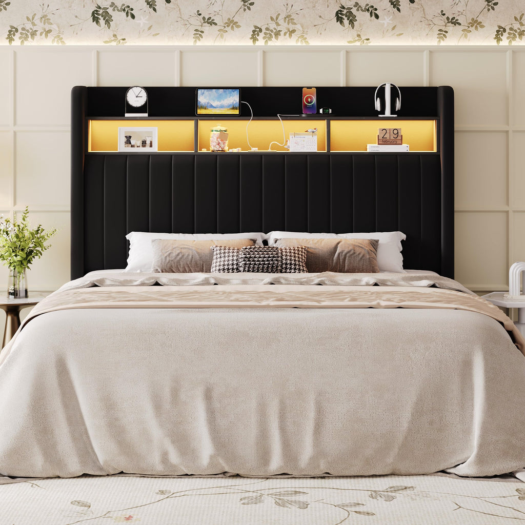 Full Size Velvet Upholstered Platform Bed Frame with Storage Shelf V900650