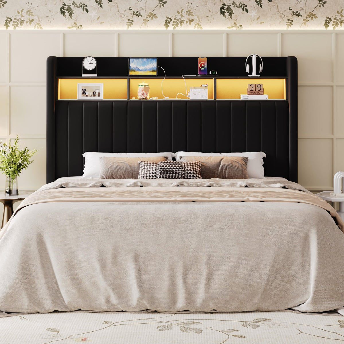 Full Size Velvet Upholstered Platform Bed Frame with Storage Shelf V900650