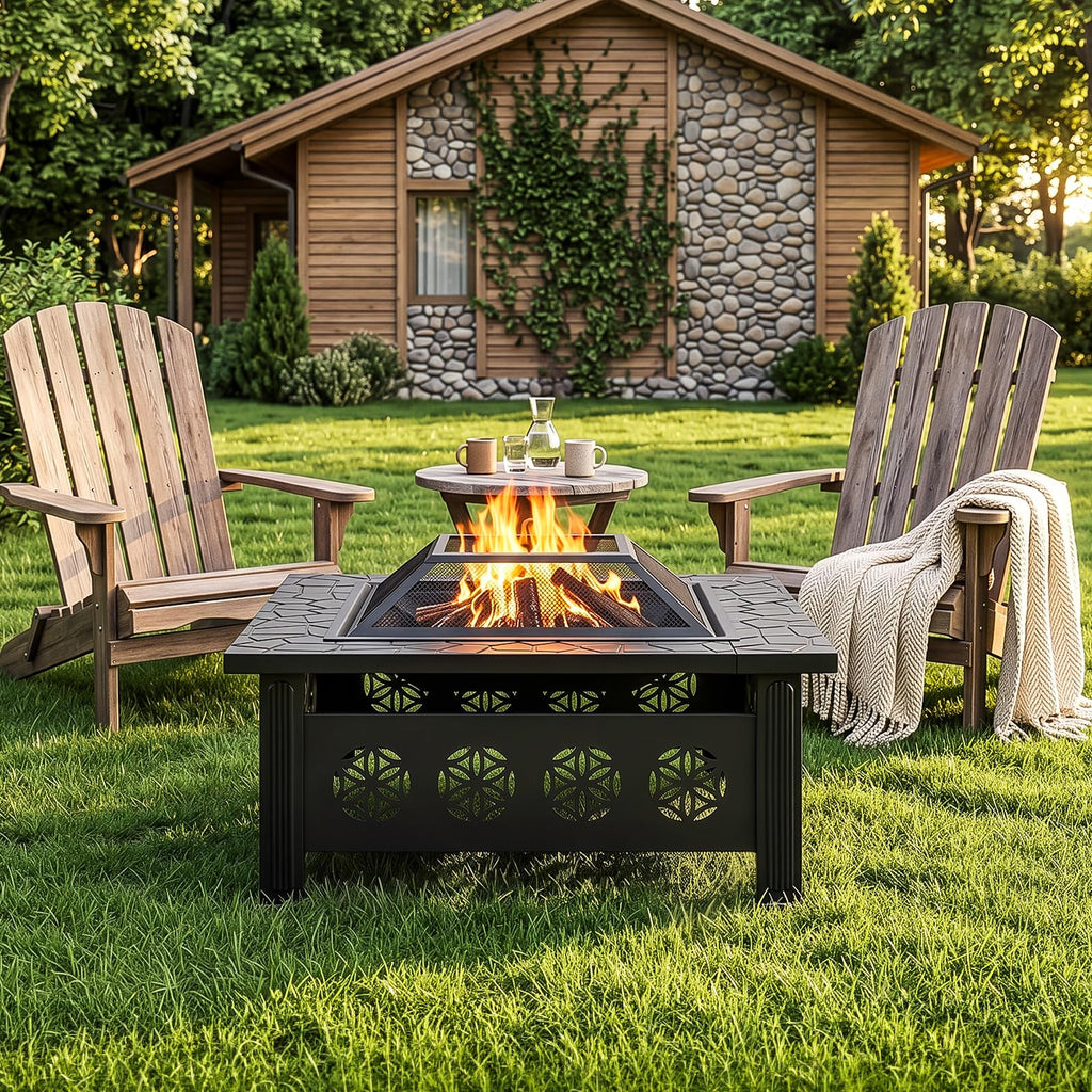 32 Inch Square Wood Burning Fire Pit Table with Spark Screen Lid and Fire Poker I664